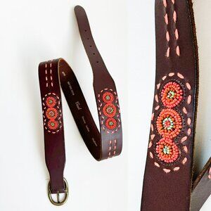 Fossil Genuine Leather belt Boho Beaded Embellished Aztek Western Size M